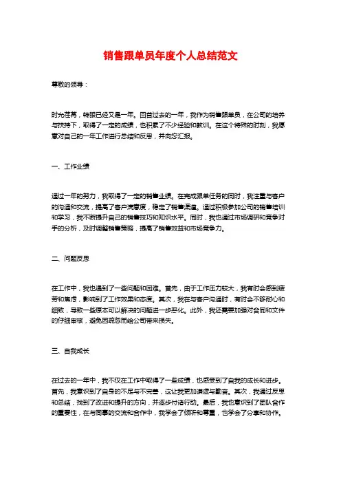 销售跟单员年度个人总结范文