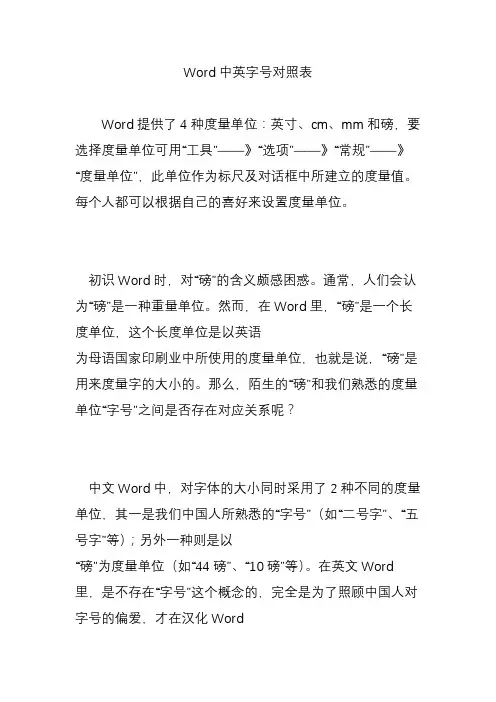 Word中英字号对照表