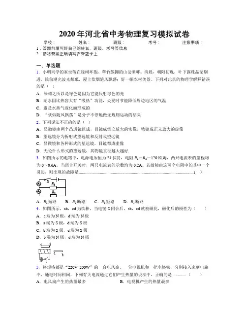 2020年河北省中考物理复习模拟试卷附解析