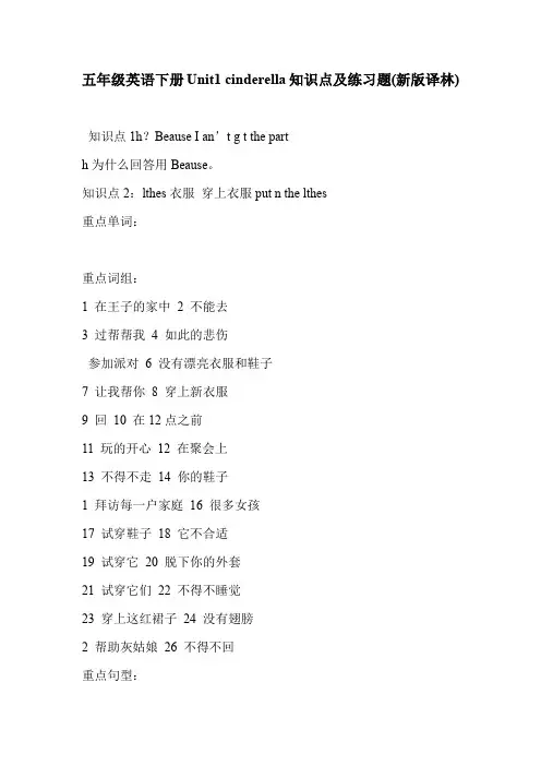五年级英语下册Unit1 cinderella知识点及练习题(新版译林)