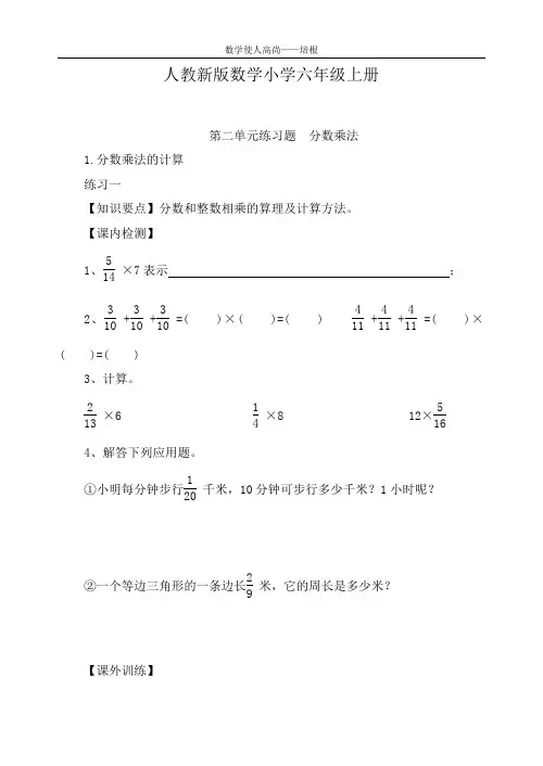 人教新版数学小学六年级上册第二单元练习题  分数乘法