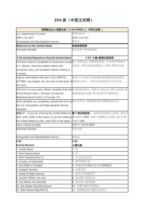 关于I表和海关申报表中英文对照