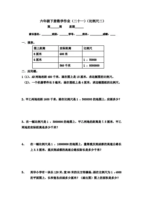 六年级下册数学比例尺精选练习二