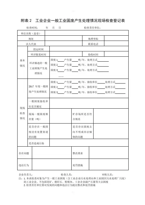 附表2工业企业一般工业固废产生处理情况现场检查登记表