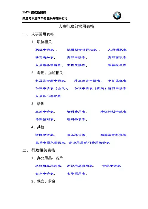 人事行政部常用表格汇总