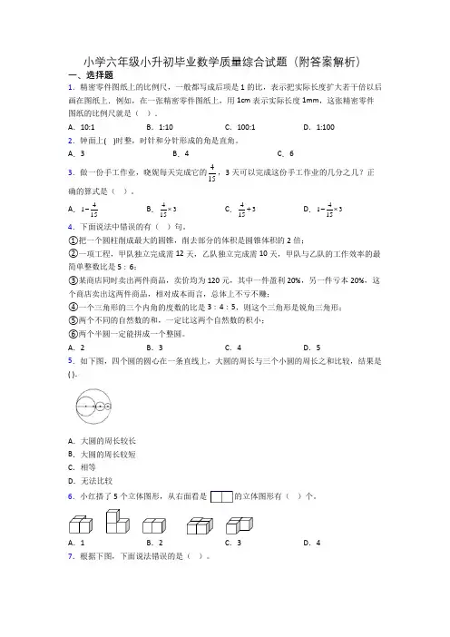 小学六年级小升初毕业数学质量综合试题(附答案解析)