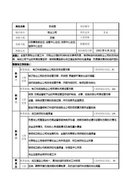 明达集团物业公司总经理职务说明书