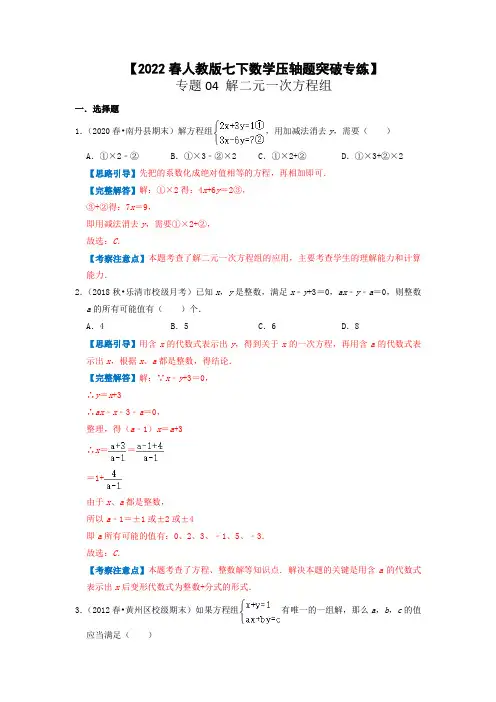 专题04  解二元一次方程组【2022春人教版七下数学压轴题突破专练】(解析版)