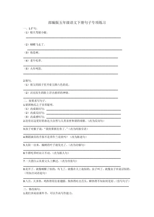 部编版五年级语文下册句子专项练习附答案