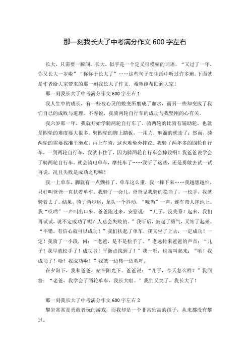 那一刻我长大了中考满分作文600字左右
