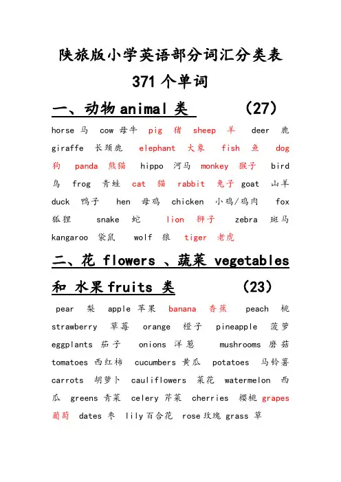 陕西旅游出版社小学英语部分词汇分类-总结表