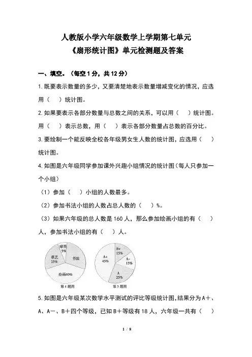 人教版小学六年级数学上学期第七单元《扇形统计图》单元检测题及答案