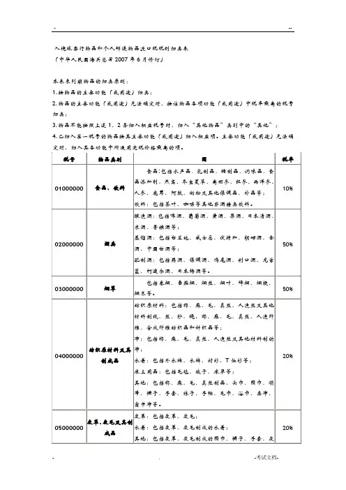 入境旅客行李物品和个人邮递物品进口税税则归类表