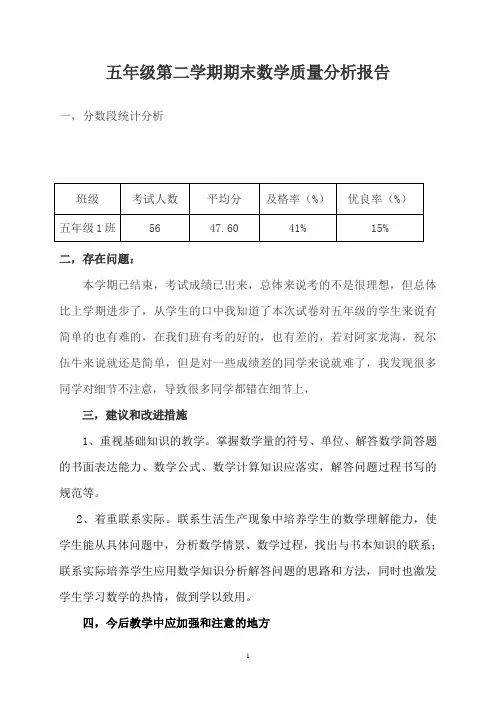 五年级下期数学期末质量分析报告