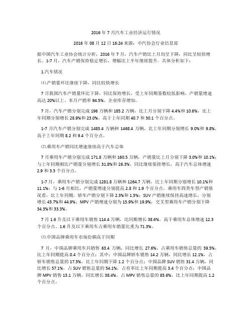 2016年7月汽车工业经济运行情况