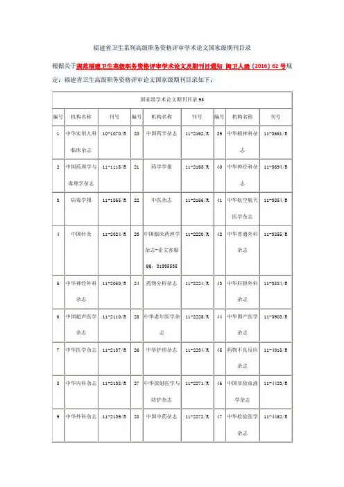 福建省卫生系列高级职务资格评审学术论文国家级期刊目录