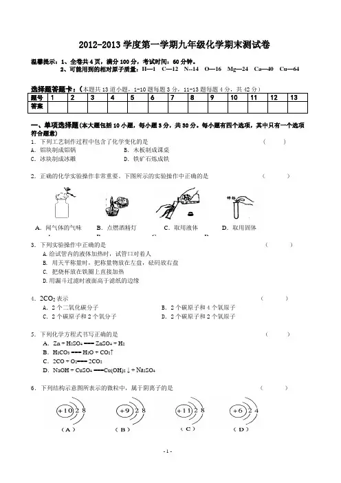 初三上册化学期末考试试卷(附答案)