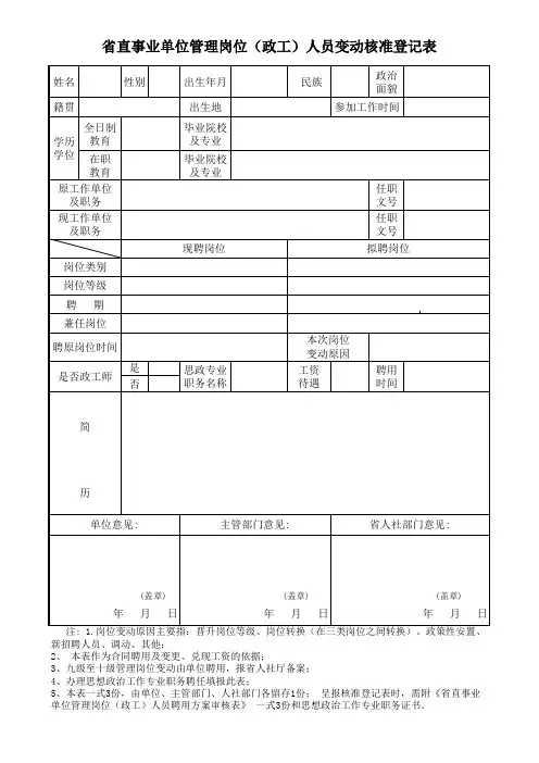省直事业单位管理岗位(政工)人员变动核准登记表