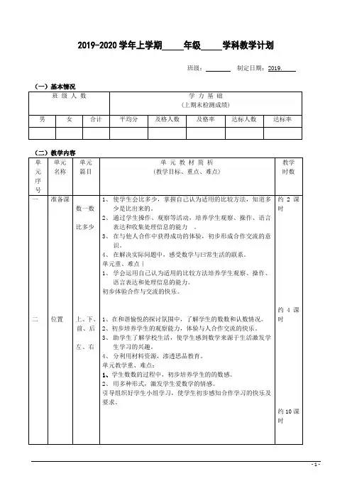 人教版2019-2020学年上学期一年级数学上册教学计划
