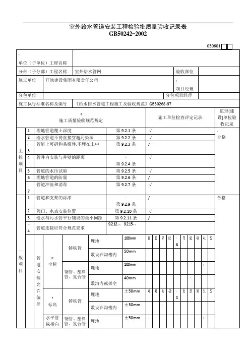 室外给水管道安装工程检验批质量验收记录表