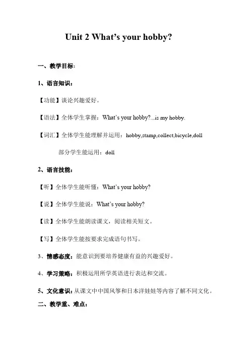 小学英语外研新标准六年级上册Module3Unit2What'syourhobby