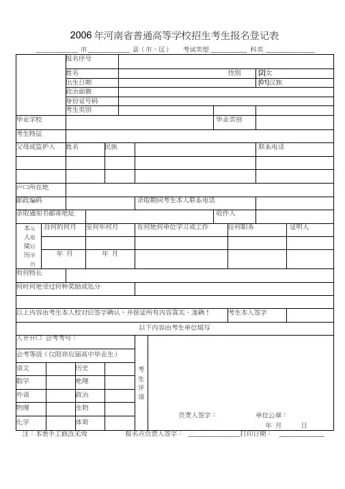 (完整)高等学校招生考生报名登记表