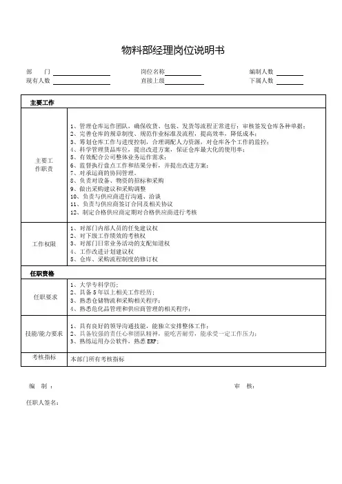 物料部经理岗位说明书