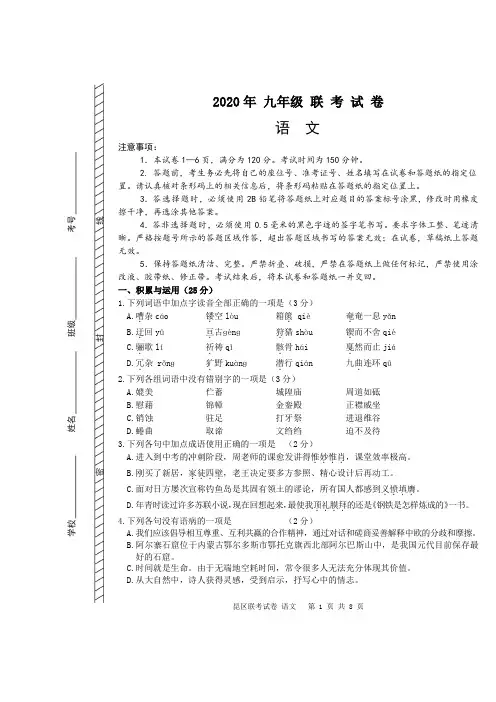 2020九年级语文联考试题(附解析)