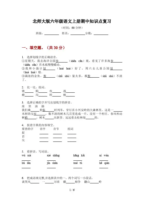 北师大版六年级语文上册期中知识点复习