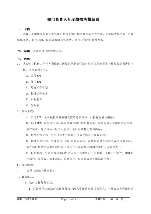 部门负责人绩效考核细则
