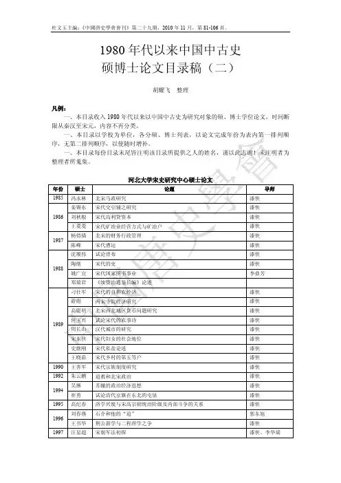 1980年代以来中国中古史硕博士论文目录稿(二)