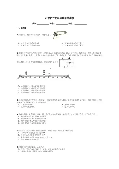 山东初三初中物理中考模拟带答案解析
