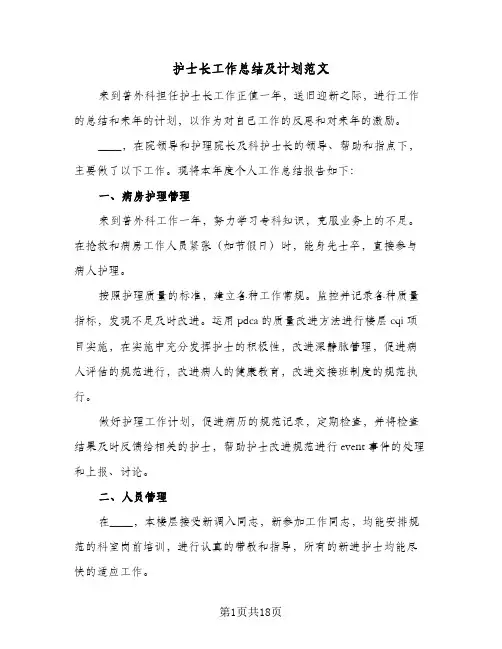 2024年护士长工作总结及计划范文（7篇）
