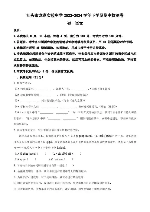 广东省汕头市龙湖实验中学2023-2024学年七年级下学期期中语文试题(原卷版)