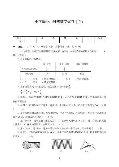 天津市2019-2020小学毕业小升初数学试卷附试题详细答案( 1)