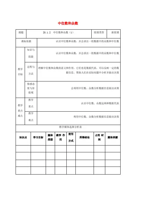 人教版八年级数学下册第20章数据的分析20.1数据的集中趋势20.1.2中位数和众数1教案新版