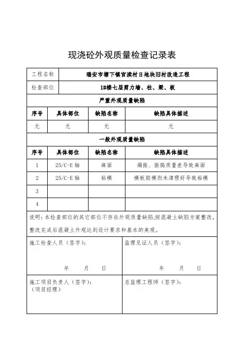 现浇砼外观质量检查记录表