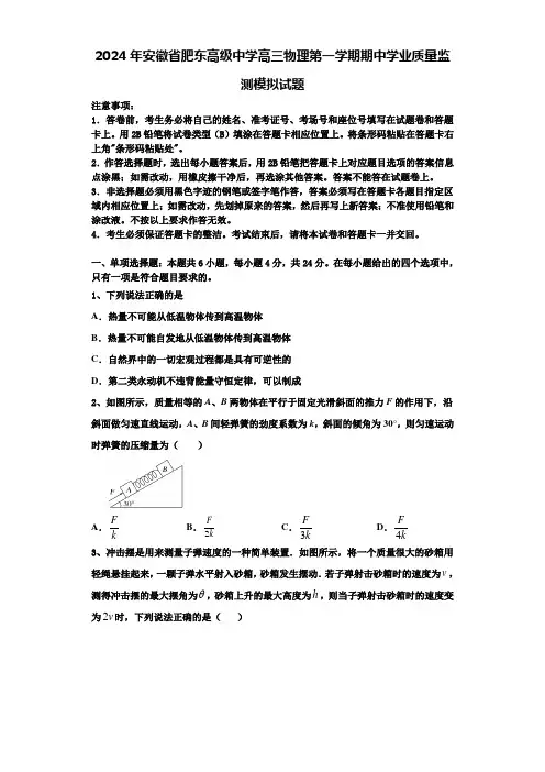 2024年安徽省肥东高级中学高三物理第一学期期中学业质量监测模拟试题含解析