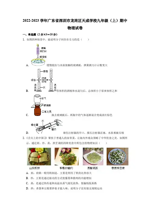 广东省深圳市龙岗区天成学校2022-2023学年九年级上学期期中物理试卷(含答案)