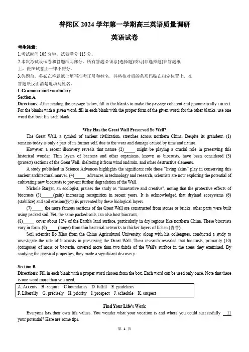 2025届上海市普陀区高三上学期一模英语试题