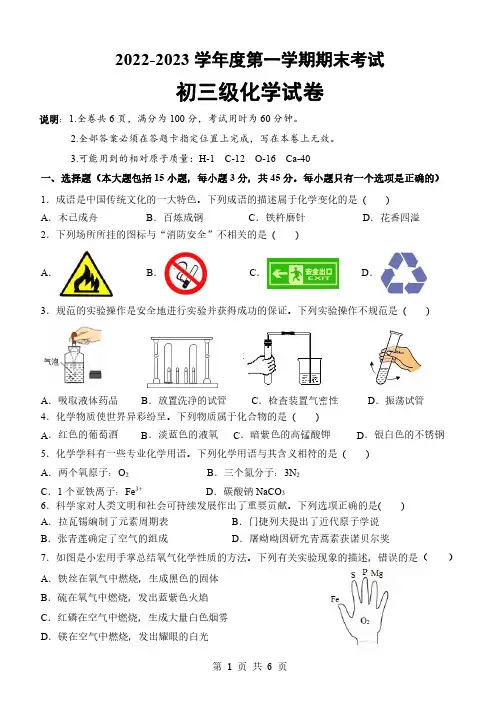 2022-2023学年度广东省茂名市第一学期期末考试初三级化学试卷