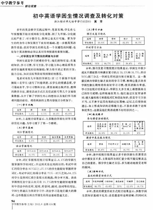 初中英语学困生情况调查及转化对策