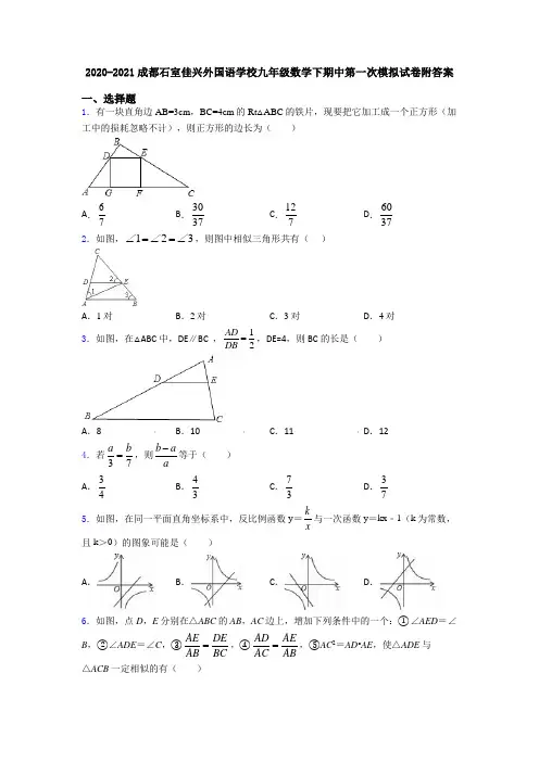 2020-2021成都石室佳兴外国语学校九年级数学下期中第一次模拟试卷附答案