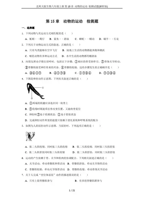 北师大版生物八年级上册 第15章  动物的运动  检测试题(解析版)