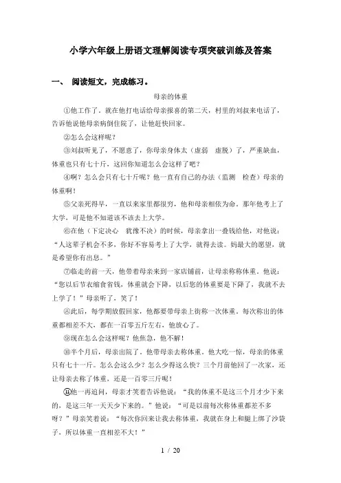 小学六年级上册语文理解阅读专项突破训练及答案