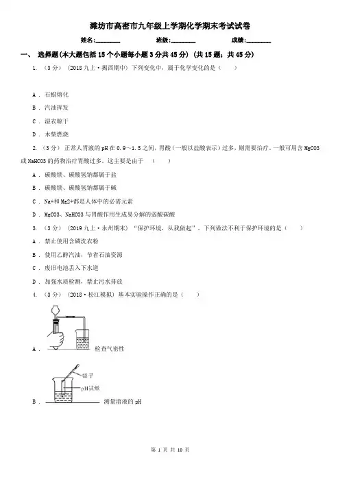 潍坊市高密市九年级上学期化学期末考试试卷