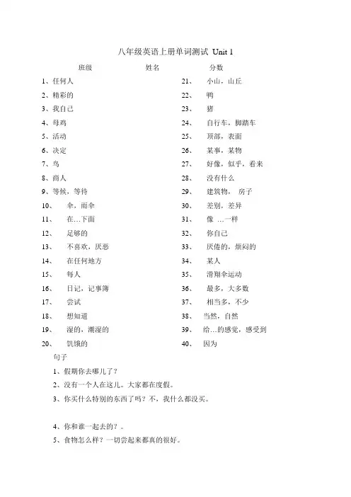 八年级英语上册unit 1单词测试