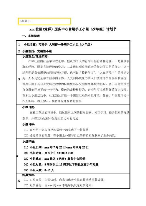 巧动手 大制作—暑期手工小组(少年组)计划书