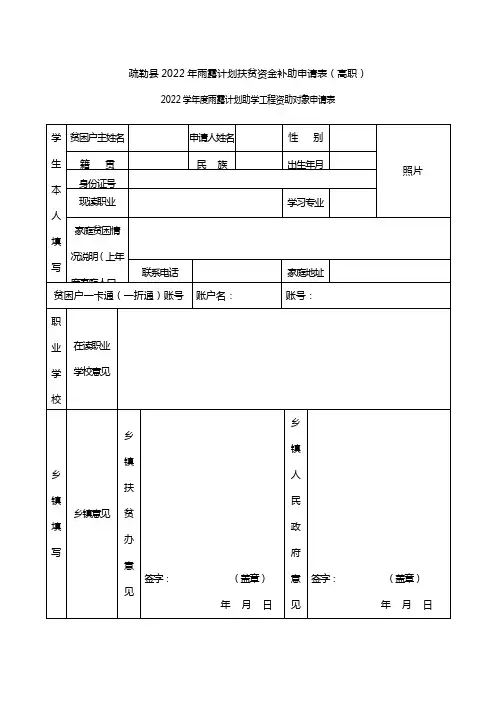疏勒县2022年雨露计划扶贫资金补助申请表(高职)