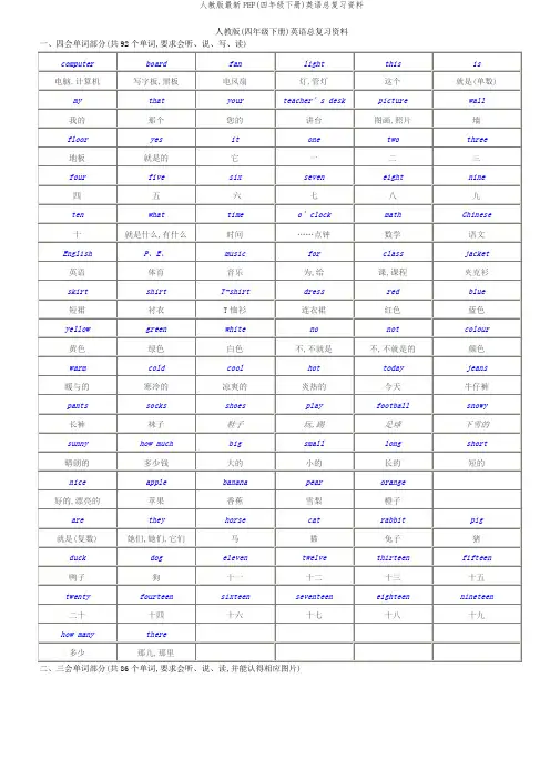 人教版最新PEP(四年级下册)英语总复习资料